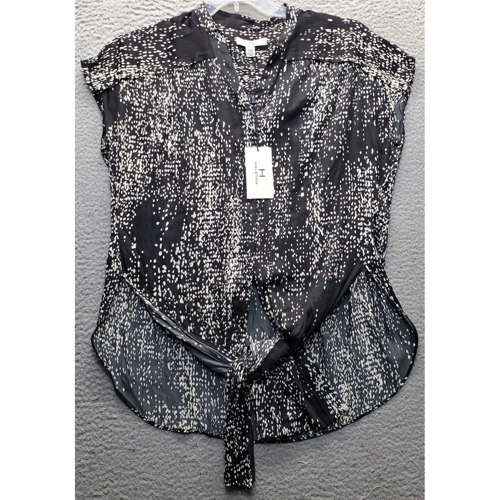 Halston Blouse Top Womens XS Multi Abstract Dot Print Tie Front Short Sleeve